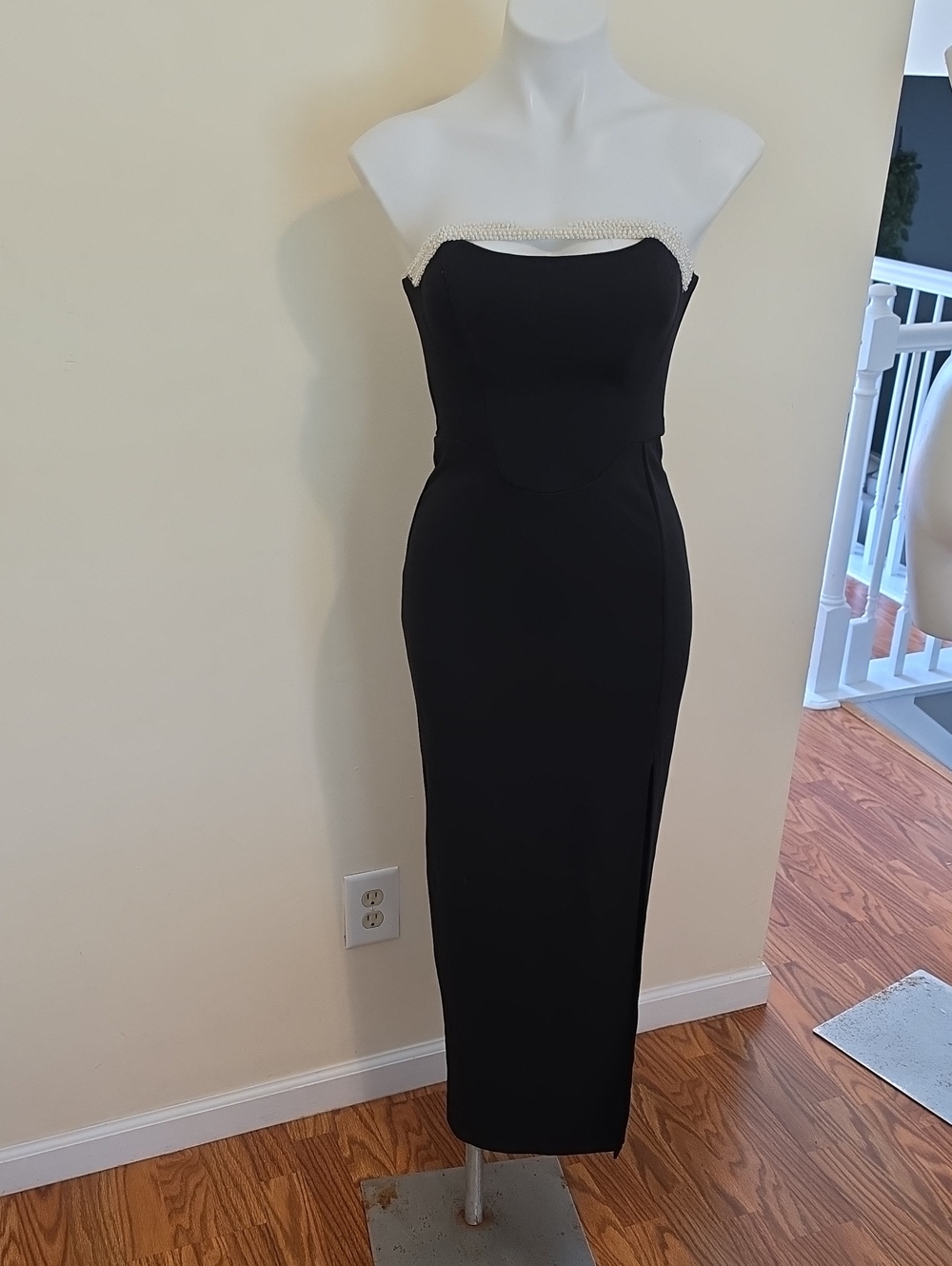 HERE COMES THE SUN Strapless Black Midi Dress Pearl-Trim Neckline Size S Nwot